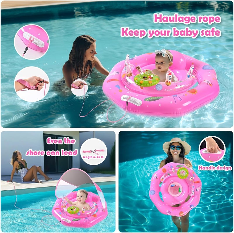 GEEQUFLOAT Baby Pool Float with Canopy UPF50+ Sun Protection, Inflatable Infant Pool Float with Adjustable Safety Seat & Toy Play Console，Baby Floatie for 6-36 Months Boys & Girls，Safety Handles & Leashes（Pink） - Image 2